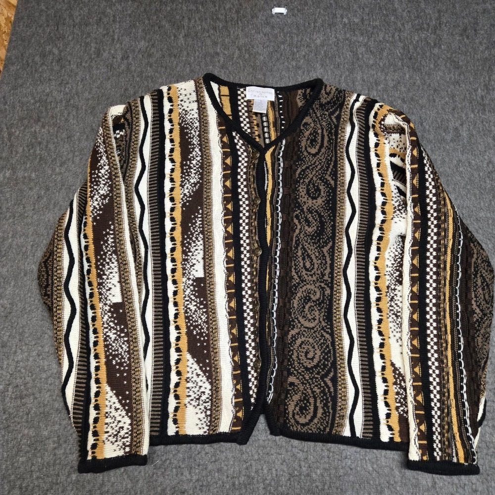 Vintage Coogi Style Cardigan Sweater Women Medium Brown Knit Christopher & Banks